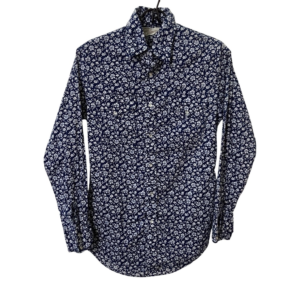 Vintage Bronco Westerns Shirt Mens 14-14.5 Blue Floral Pearl Snap Cowboy Rodeo